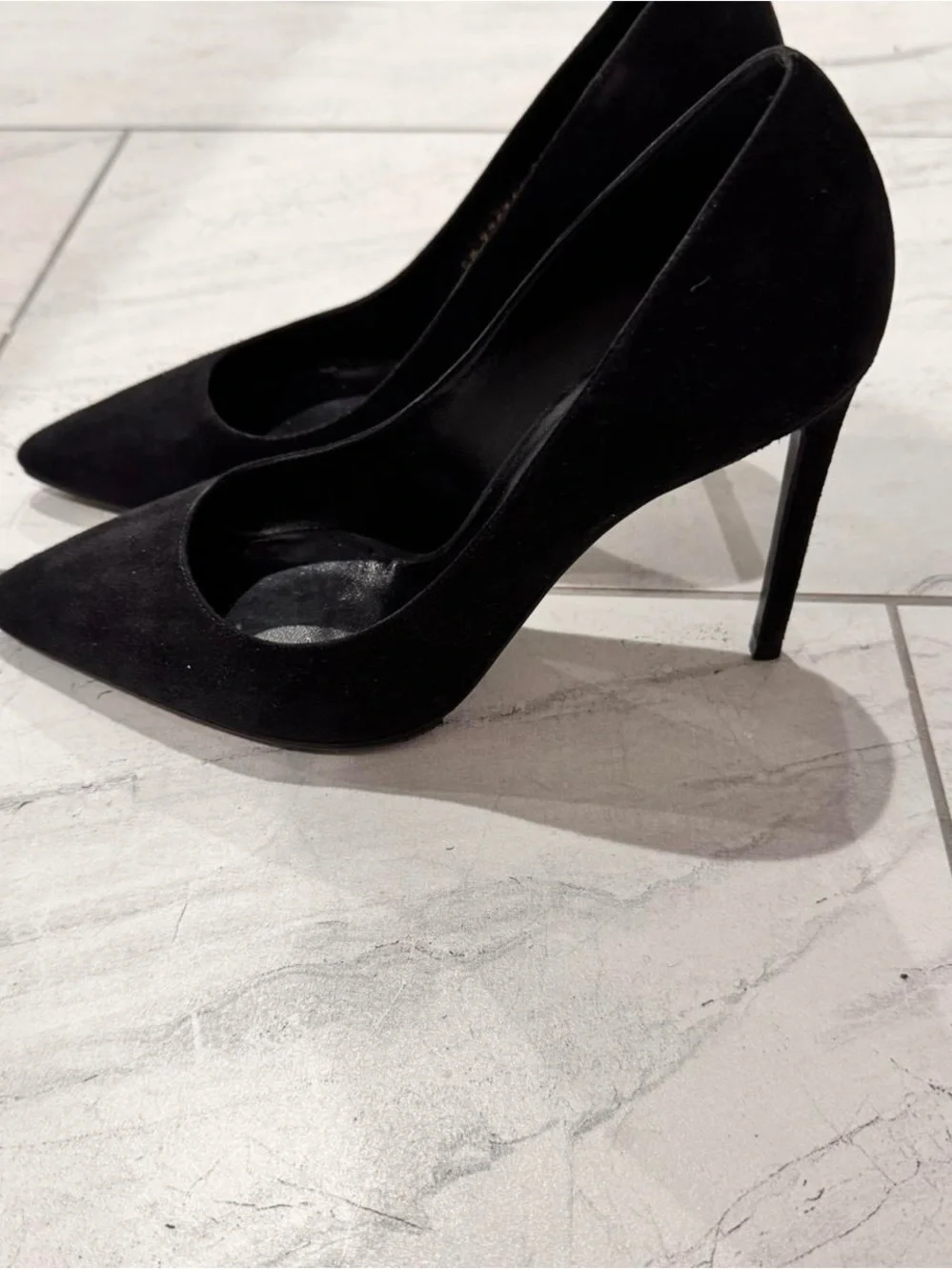 Saint Laurent Black Suede Pointed Pumps with Gold Logo - Picture 2 of 3